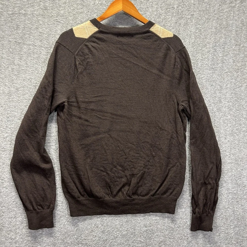 Banana Republic Sweater Large 100%‎ Extra Fine Merino Wool V Neck Brown Argyle